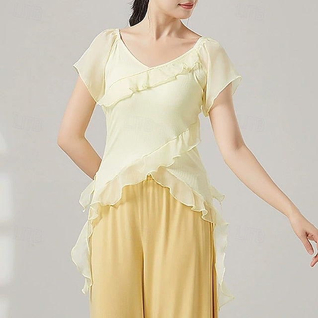 Activewear Top Ruffles Pure Color Splicing Women's