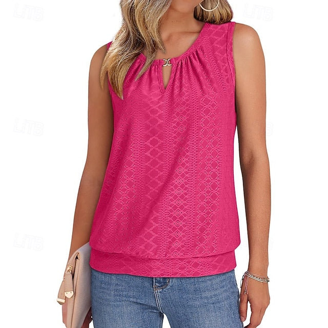 Women's T Shirt Eyelet Solid Color Casual Sleeveless Crew