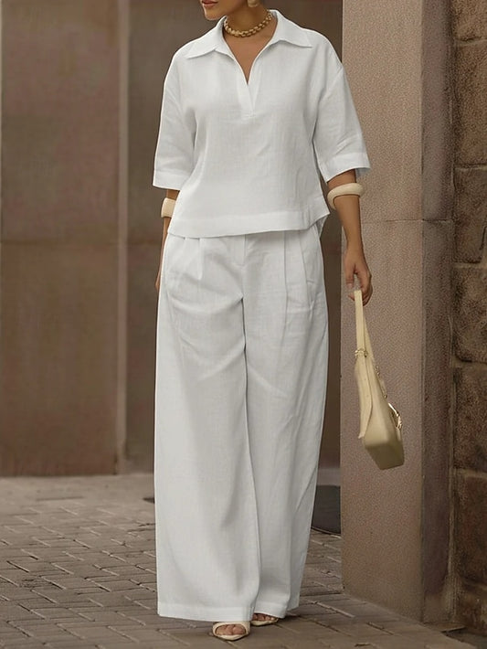 Women's Cotton Linen Sets Pants Sets 3/4 Length Sleeve V