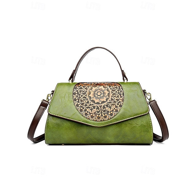Floral – Faux Vintage Engraved Handbag Leather Women's