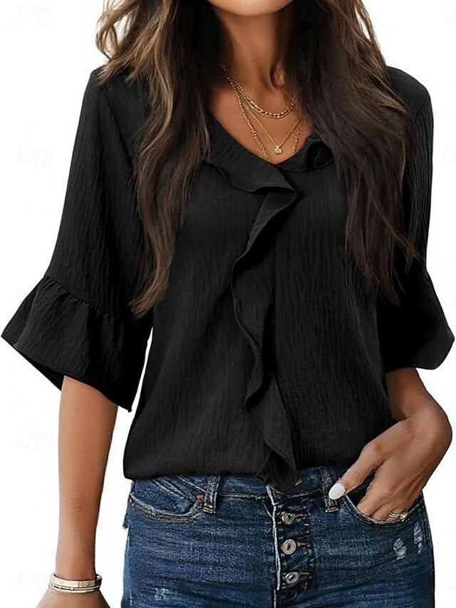 Women's Blouse Ruffle Solid Color Stylish Basic Casual 3/4