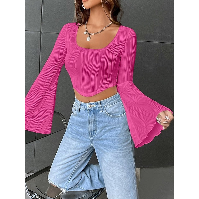 Women's Blouse Solid Color Stylish Casual Long Sleeve U