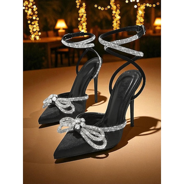 with Heels Bow Rhinestone Stiletto Women's and Black Satin