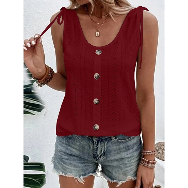 Women's Tank Top Eyelet Buttons Plain Fashion Stylish