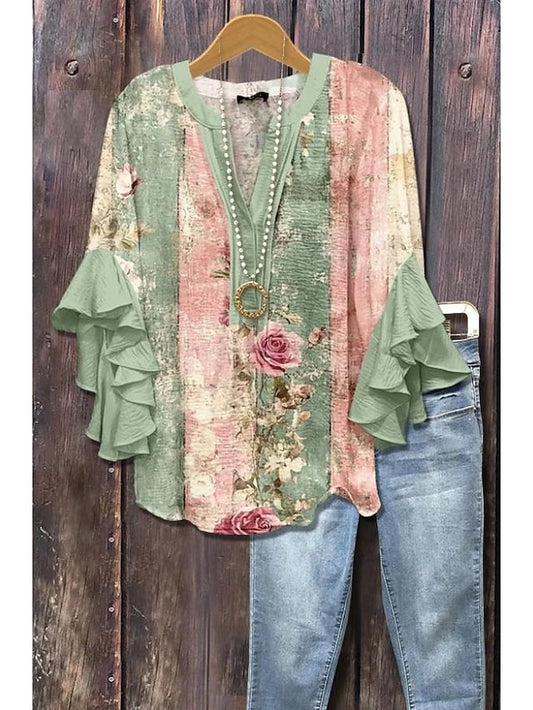 Women's Blouse V Neck Layered Ruffle Sleeve Tops Floral