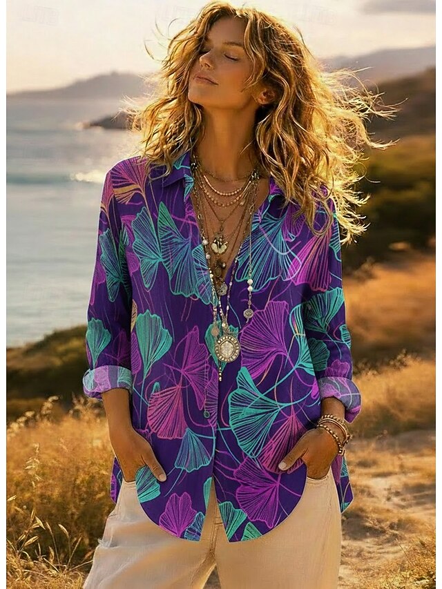 Women's Geometric Print Lapel Button Down Shirt Long Sleeve