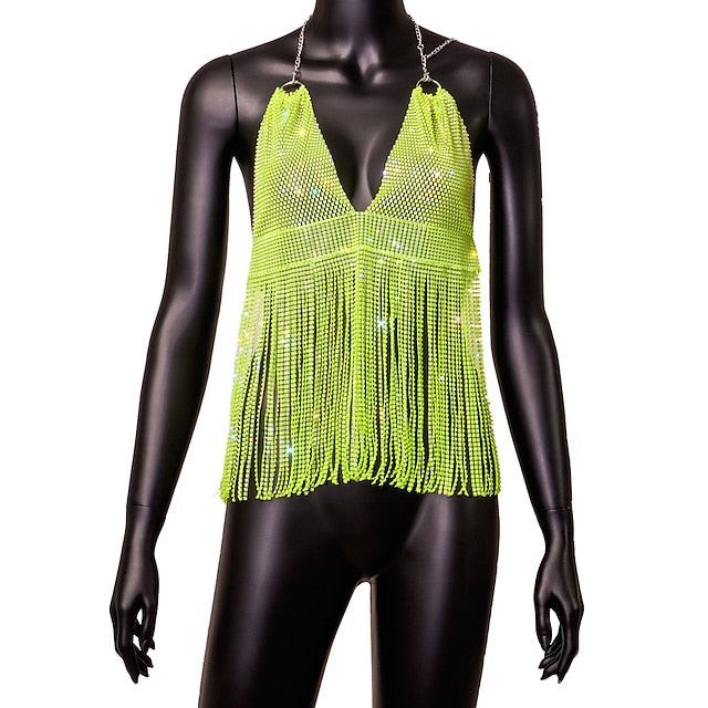 Metallic Backless Sparkle Camisole Body Chain Crop Tank Top