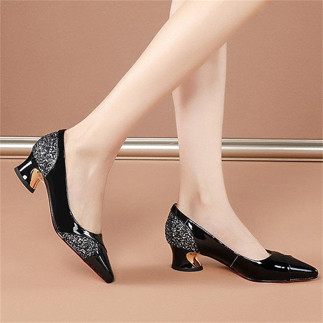 Glitter-Accented Heels Block Patent Leather Faux Women's