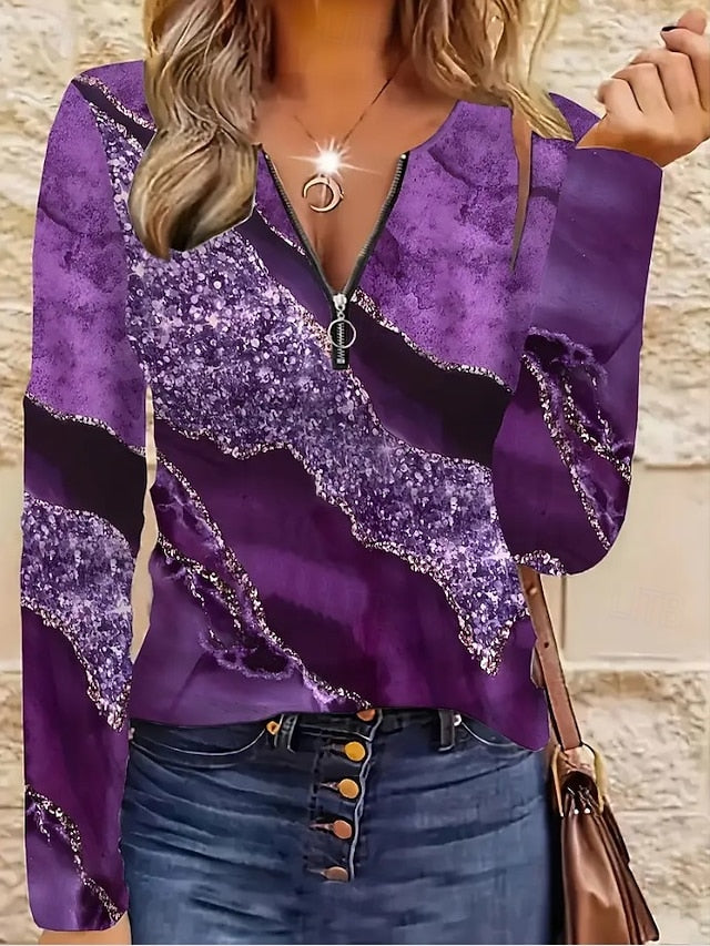 Women's T Shirt Quarter Zip Long Sleeve Casual Graphic