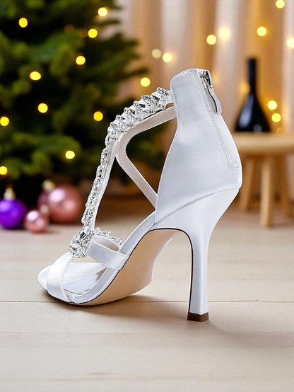 - High White Strappy Rhinestone Women's Sandals Heel