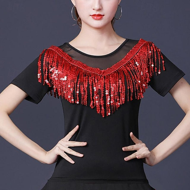 Latin Dance Ballroom Dance Top Tassel Pure Color Splicing
