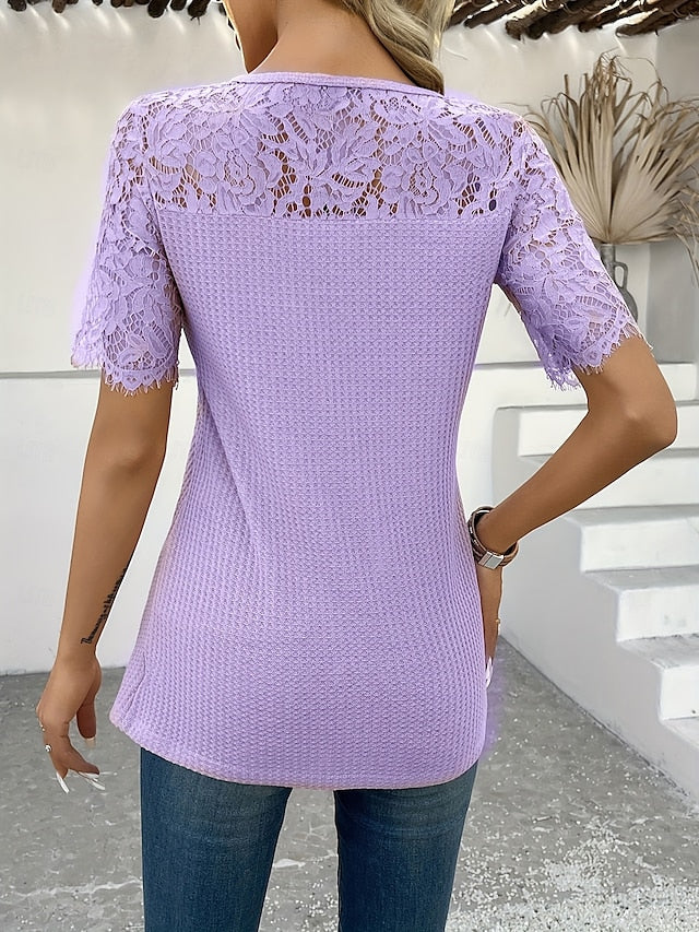 Women's Blouse Lace Buttons Solid Color Elegant Stylish