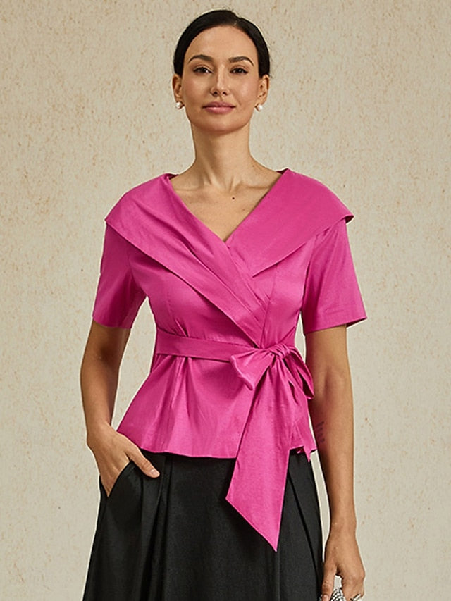 Women's With Belt Solid Color Stylish Turndown Fuchsia