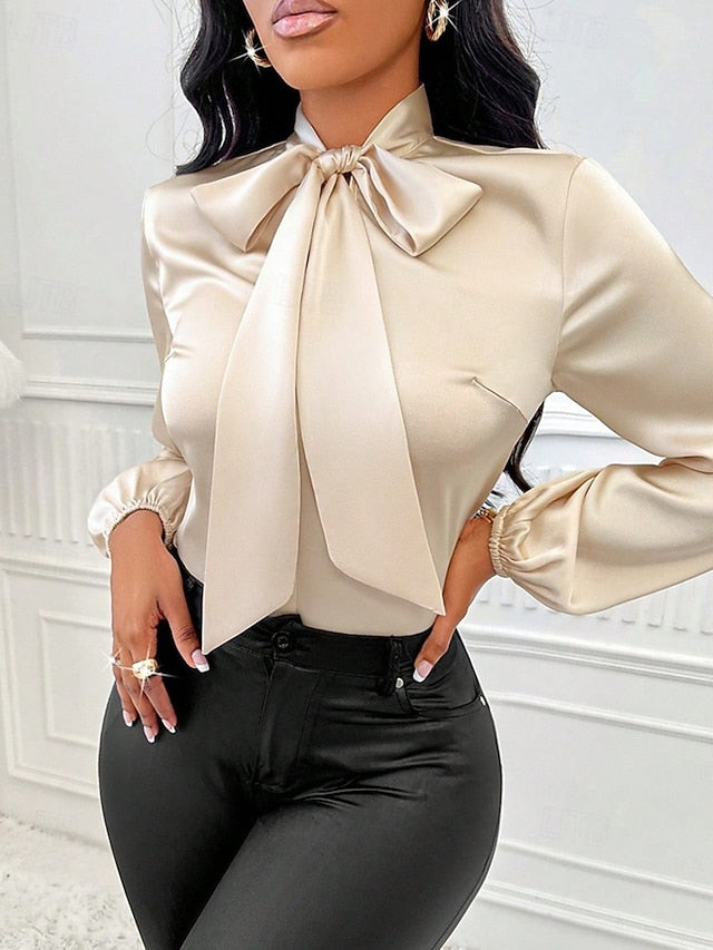 Women's Shirt Elegant Dressy Satin Top Bow Solid Color