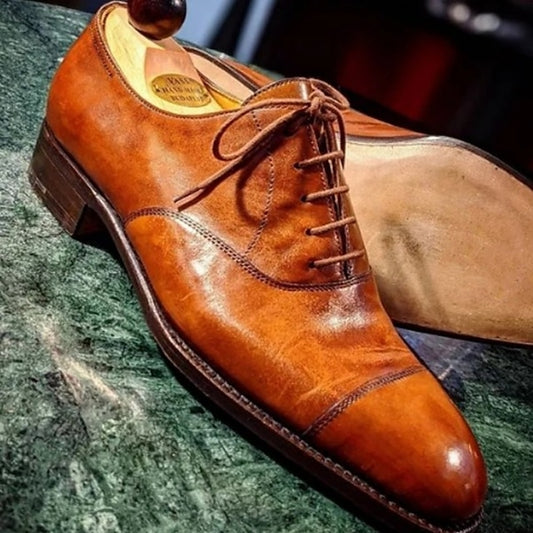 Leather Faux Oxford Brown Cap – Shoes Classic Men's