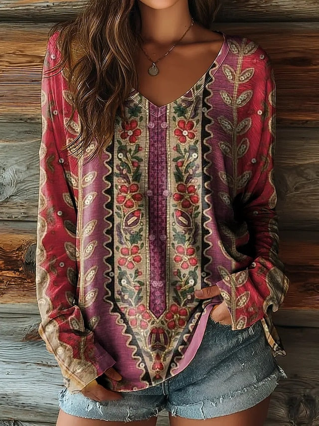 Women's T Shirt Print Floral Graphic Vintage Casual Boho