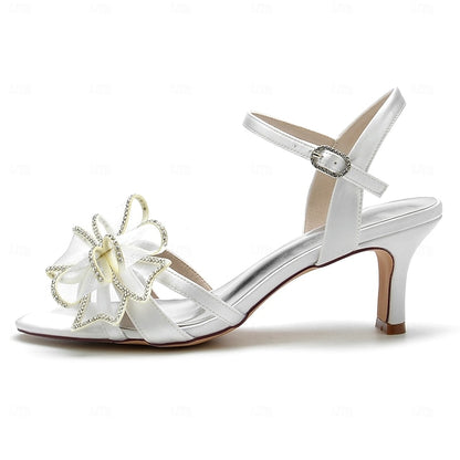 Kitten Detail Sandals with Bridal Heel Luxury Rhinestone Bow –