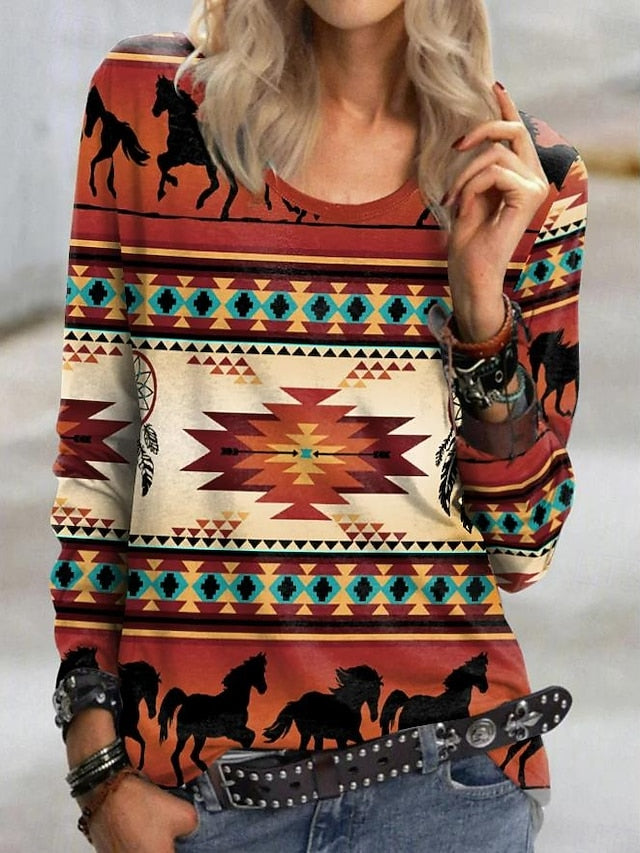 Women's T shirt Crew Neck Long Sleeve Tunic Vintage Modern