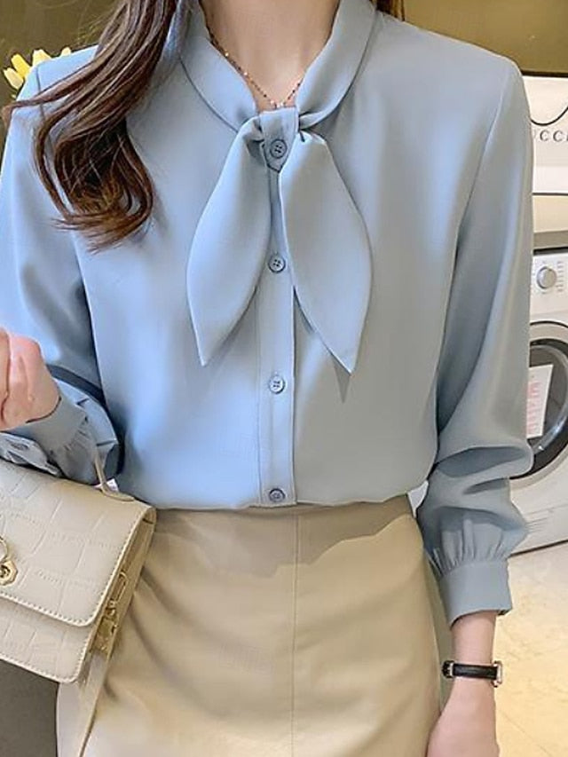 Women's Shirt Elegant Satin Top Blouse Bow Plain Stylish