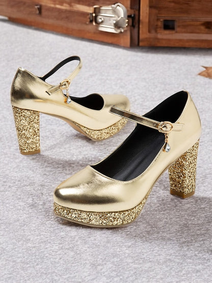Pumps Glitter Heel Sparkly Jane Mary Block – Women's Gold