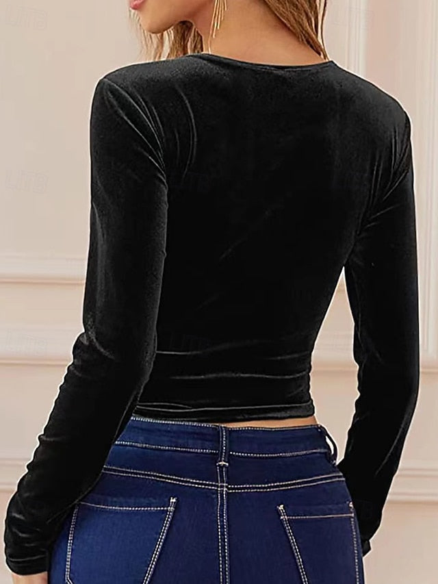 Women's Velvet Elegant Dressy Blouse Ruched Plain Elegant