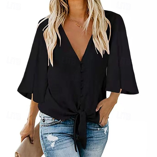 Women's Blouse Chiffon Tops Patchwork Plain Elegant Stylish