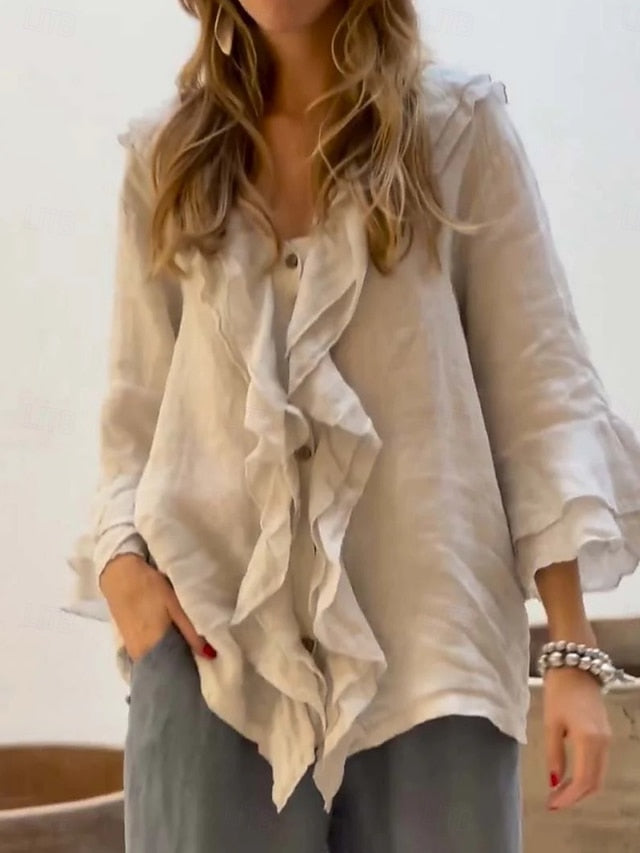 Women's Summer Shirt Casual Shirt Blouse Ruffle Solid Color