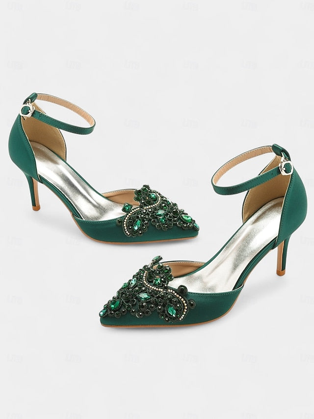 Green Pointed Heels Satin Emerald – Strap Women's Ankle