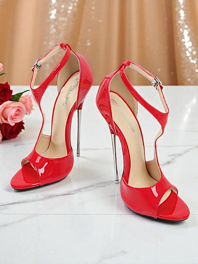 Red Open Heels Women's - Strappy Patent Stiletto Leather