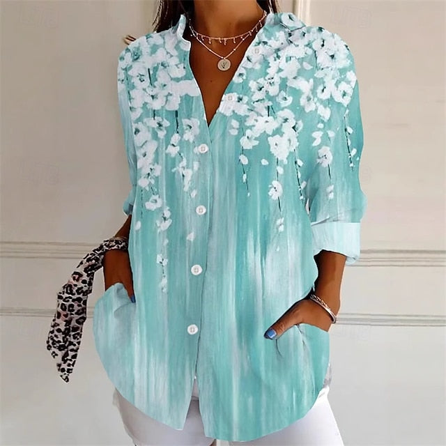 Women's Shirt Summer Tops Faux Cotton Linen Flower Daily
