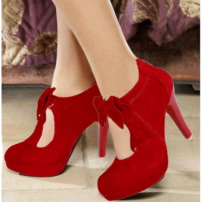 Vintage Heel Pumps Suede Women's High Bow Red Platform –