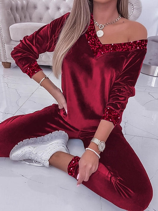 Women's Pants Sets Long Sleeve V Neck Solid Color Sequins