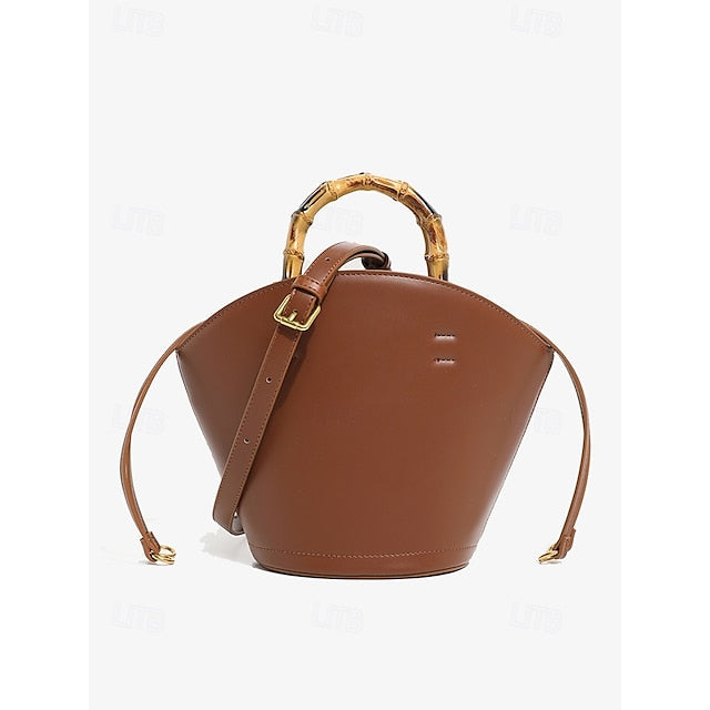 Bucket Bag Bamboo Handle Leather Brown Women's with