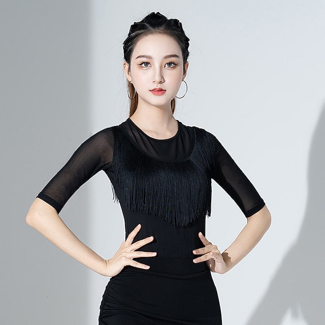 Latin Dance Ballroom Dance Activewear Top Fringed Tassel Ruching