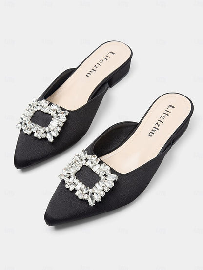 Satin Black Mules Pointed-Toe Rhinestone Women's with