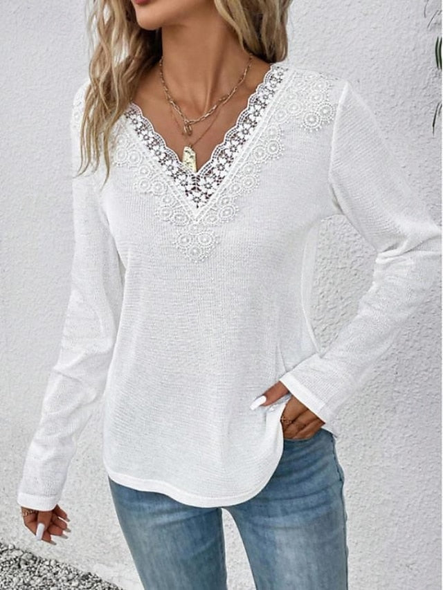 Women's White Elegant Lace Tops Eyelet Blouse Casual Lace