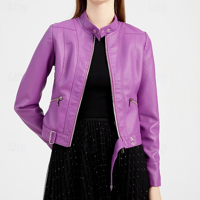 Faux Zipper Jacket Pocket Leather Women's Comfortable