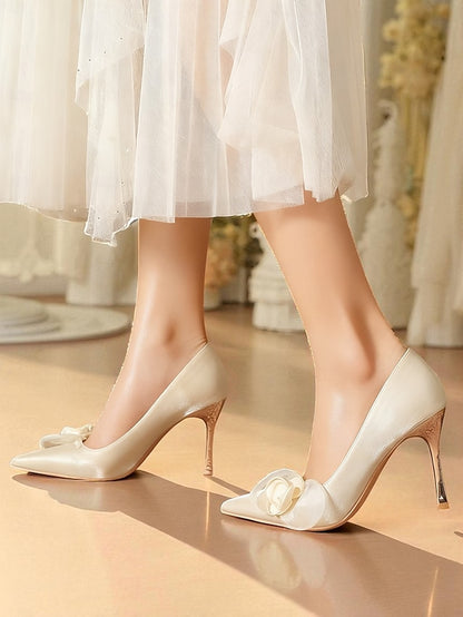 - Women's Elegant Heels Wedding Pointed Satin Ivory Floral