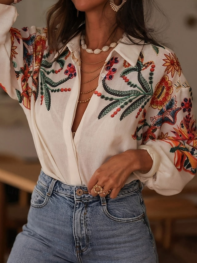 Women's Blouse Buttons Print Floral Stylish Casual Long