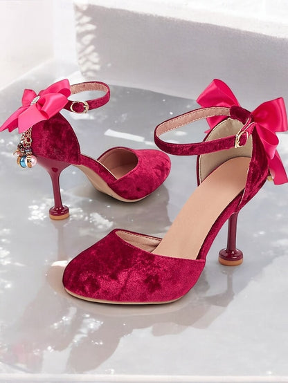 Burgundy Big Velvet with Jane Heels Women's Mary Bow and