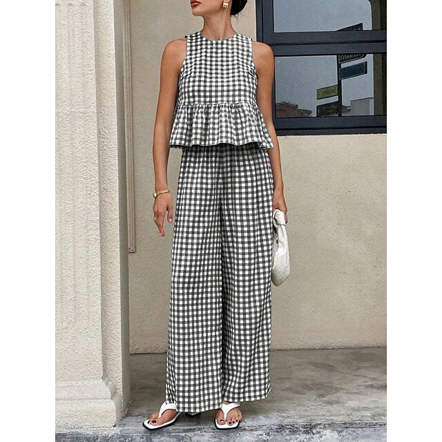 Women's Pants Sets Bolero Top Sleeveless Crew Neck Plaid