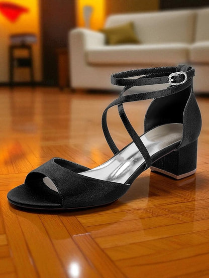 Block with Elegant Strap - Satin Sandals Ankle Heel Women's