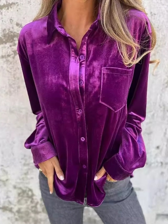 Women's Dress Shirt Button Up Shirt Blouse Velvet Blouse
