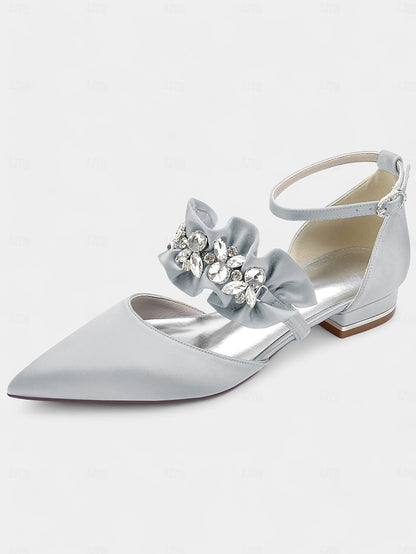 with Rhinestone Flats Women's Satin Black Pointed-Toe