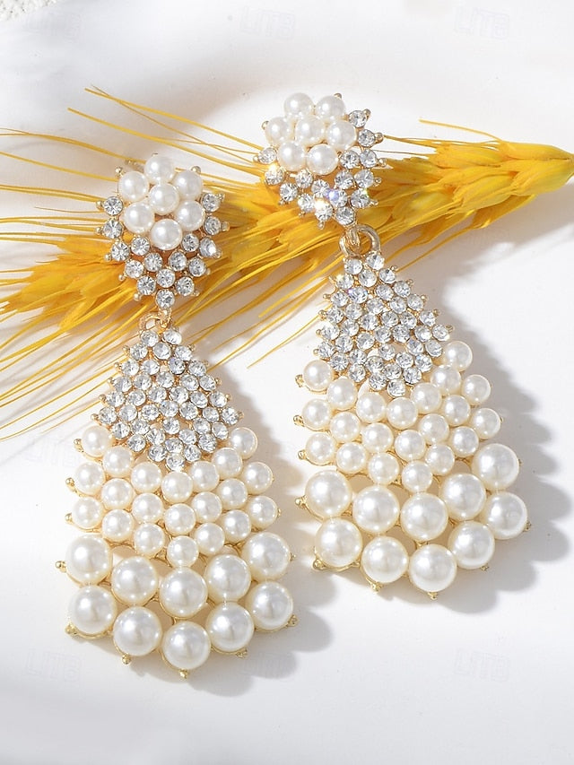 Rhinestone – Faux Elegant Drop Earrings Pearl Vintage and