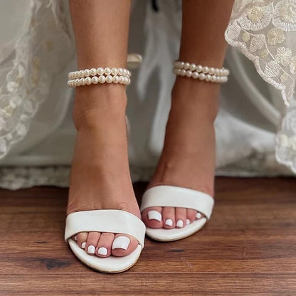 Anklet Pearl - White Block with Wedding Sandals Satin and Heels