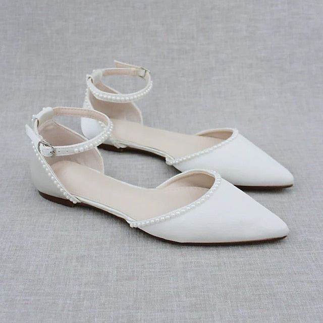 Flat White Women's Toe Shoes Pearl-Embellished with Pointed