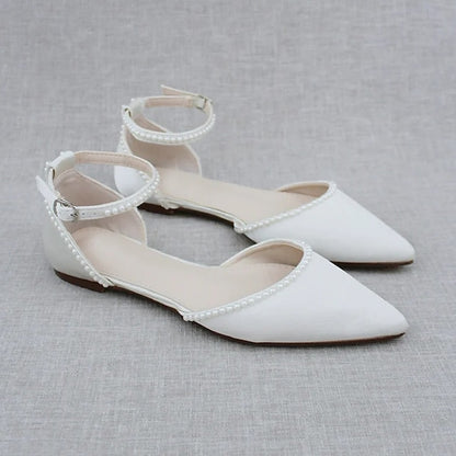 Flat White Women's Toe Shoes Pearl-Embellished with Pointed