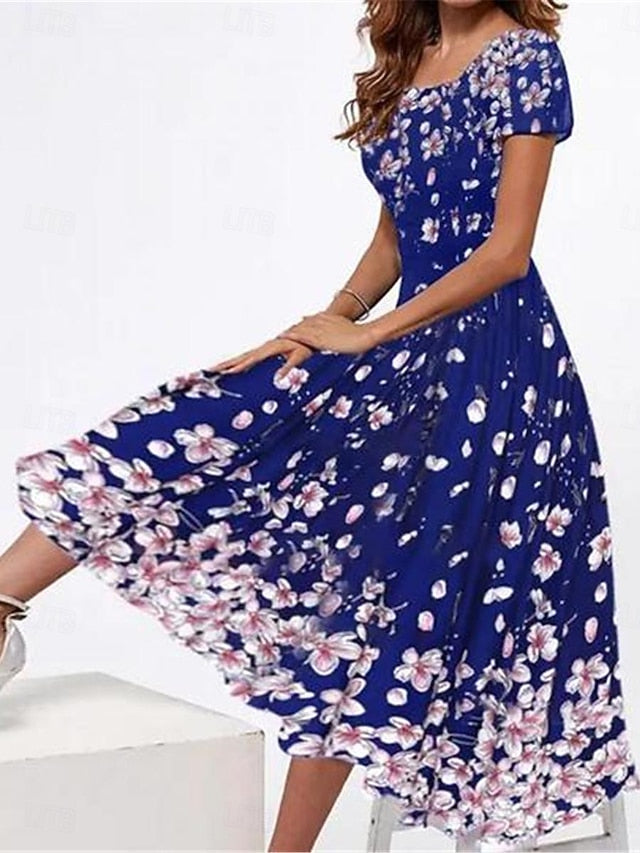 Women's Casual Dress Floral Print Square Neck Midi Dress