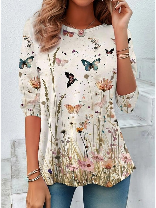 Women's T shirt Crew Neck Long Sleeve Tunic Floral Elegant